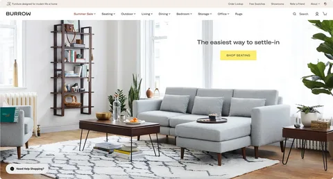 Burrow online store homepage displaying modern furniture, lifestyle visuals, and clean product layouts for easy customization and shopping