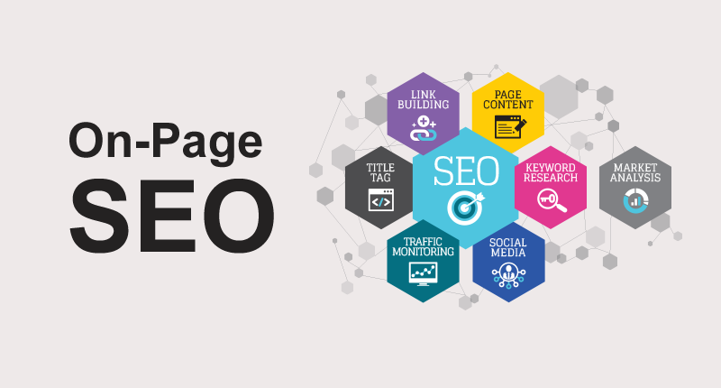Step-by-step on-page SEO process shown on a digital screen with optimization elements and tracking tools.