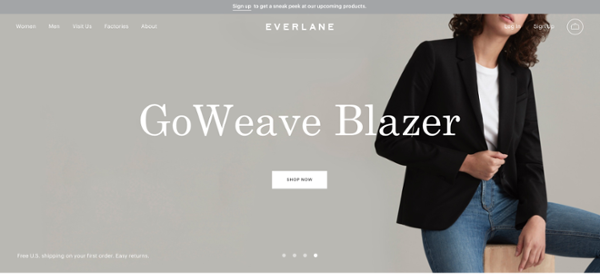 Everlane online store interface showcasing one of the best business website examples for inspiration.